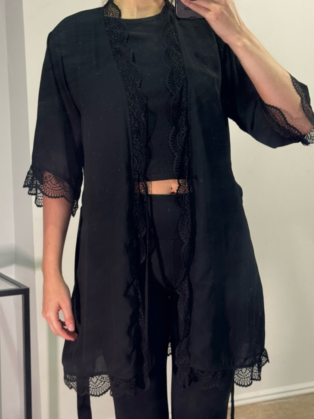 Black Lace-Trim Sheer Kimono Robe - Women Intimates & Sleepwear